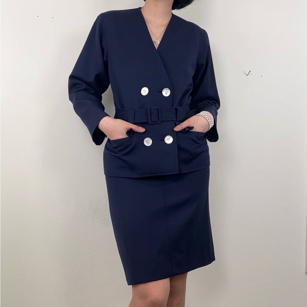 Vintage Yves Saint Laurent Navy Blazer and Skirt Wool Suit Set